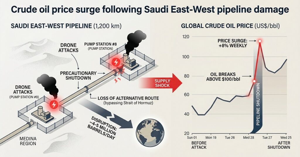 Chart showing crude oil price surge following Saudi East-West pipeline damage