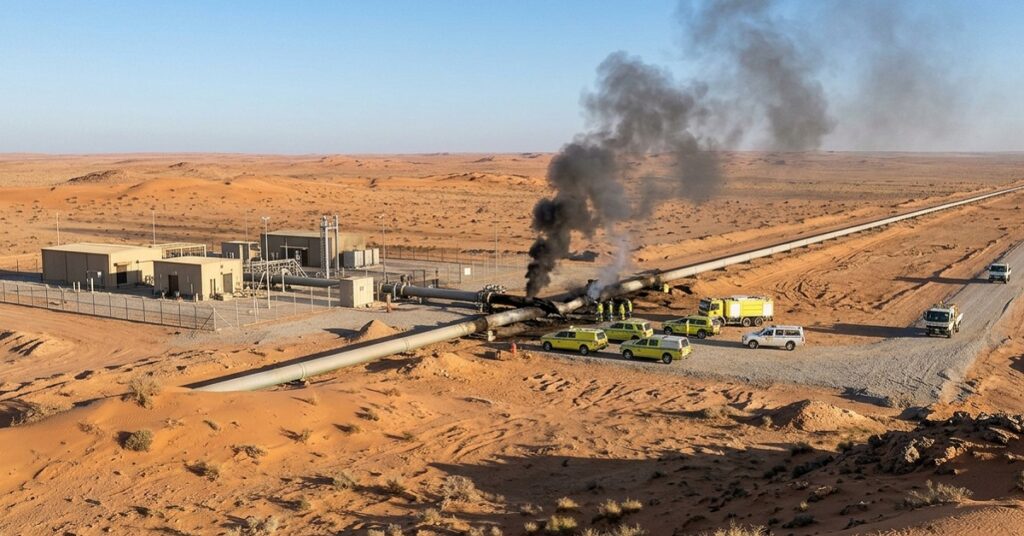 Saudi East-West pipeline damage visible with smoke rising near pump station along Petroline route